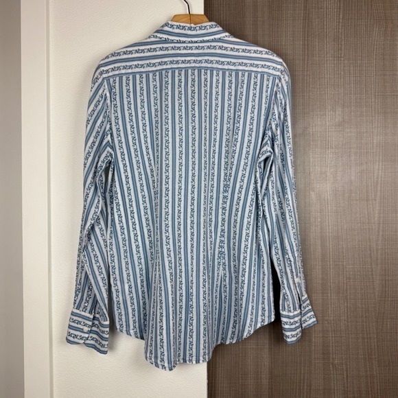 Nili Lotan Blue White Floral Striped Kate Button Down Shirt Blouse Womens Medium